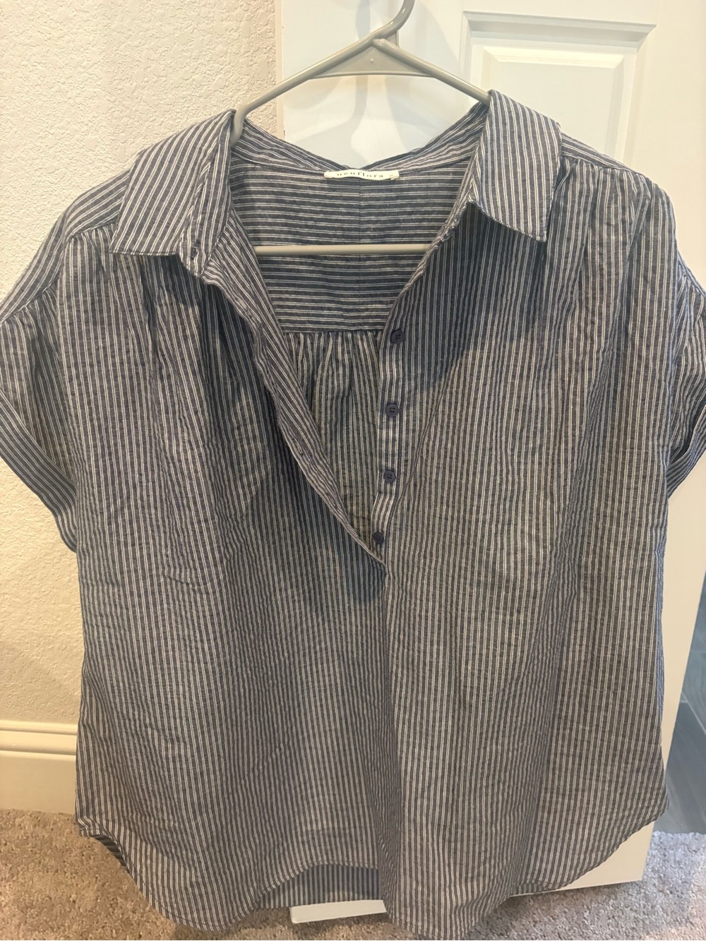 Neuflora Women’s Striped Navy Quarter Button-Down Shirt